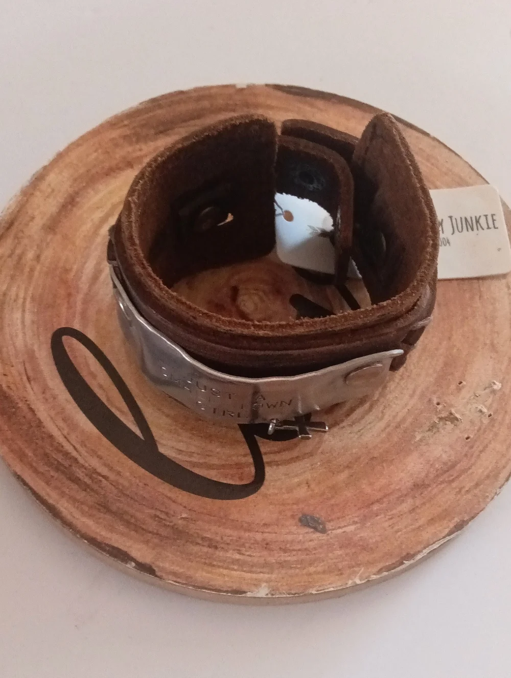 Brown Leather Cuff Bracelet Snaps Cross Silver Plate Just A Small Town Girl NWT